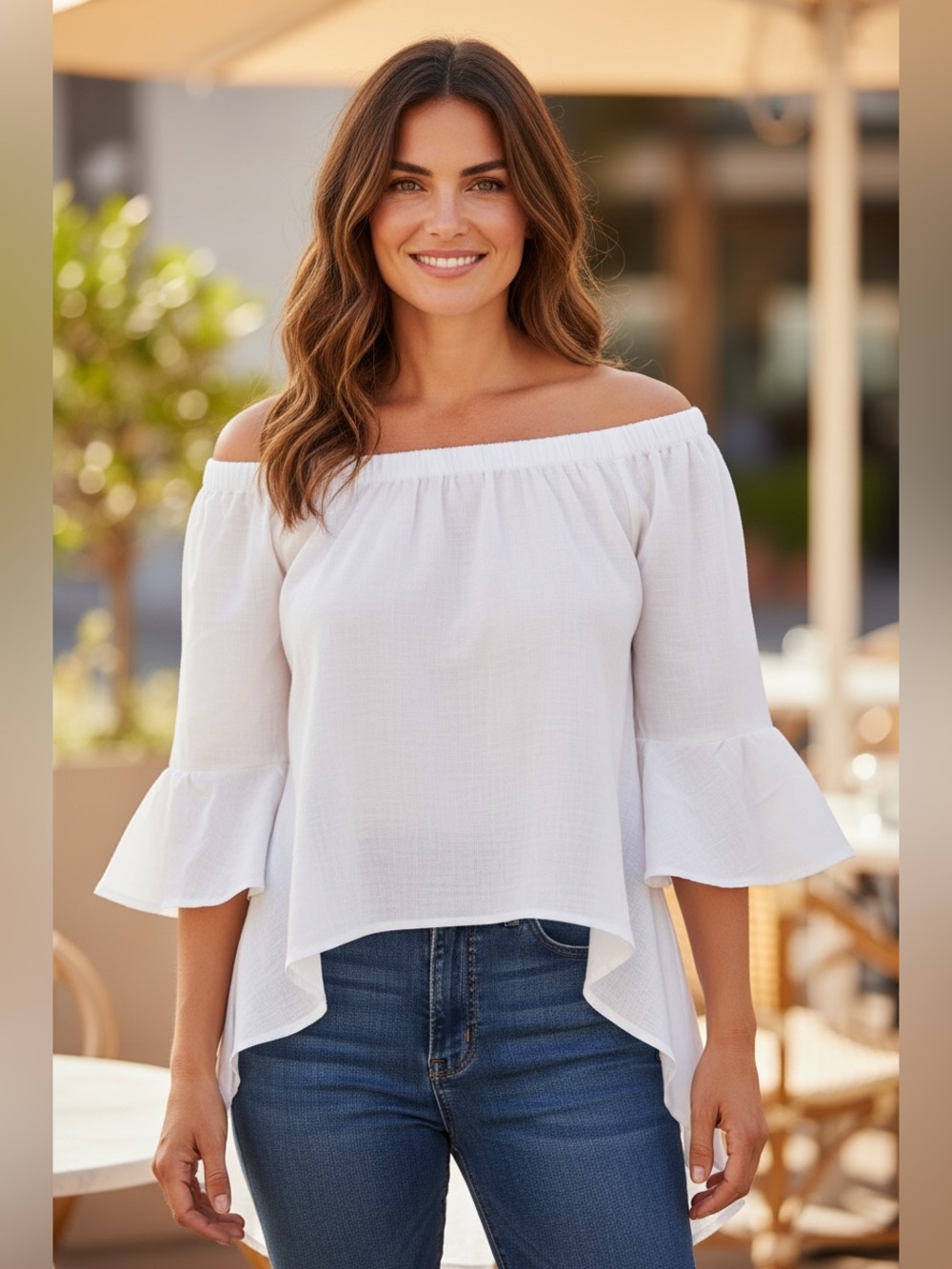 NWOT Main Strip White Off Shoulder Bell Sleeve High Low Blouse Top Size Large